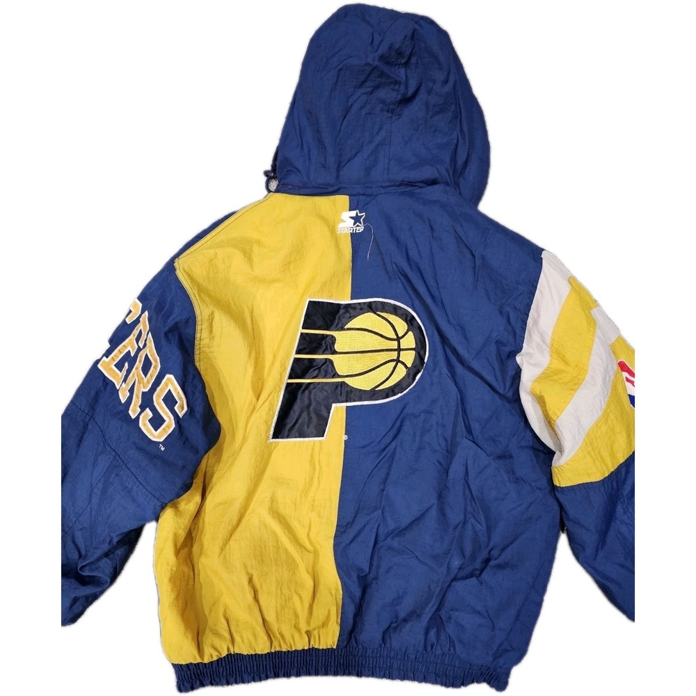 Vintage 90s Indiana Pacers Starter NBA Hooded Puffer Jacket XL Blue Yellow Logo